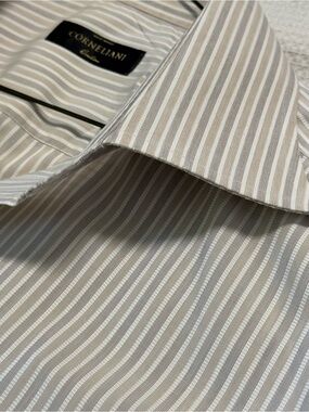 Corneliani Beige and White Striped Dress Shirt